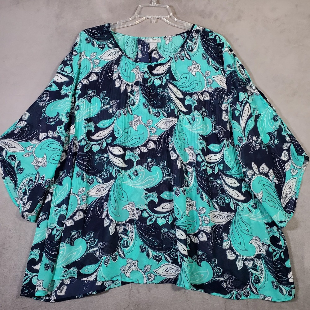 Catherines Top Women 2X Navy Teal Paisley Pleated Flare Sleeve Flowy Maximal Art